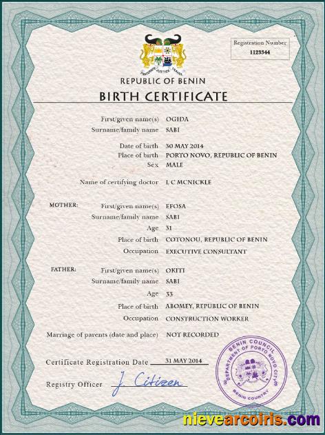 Benin vital record birth certificate